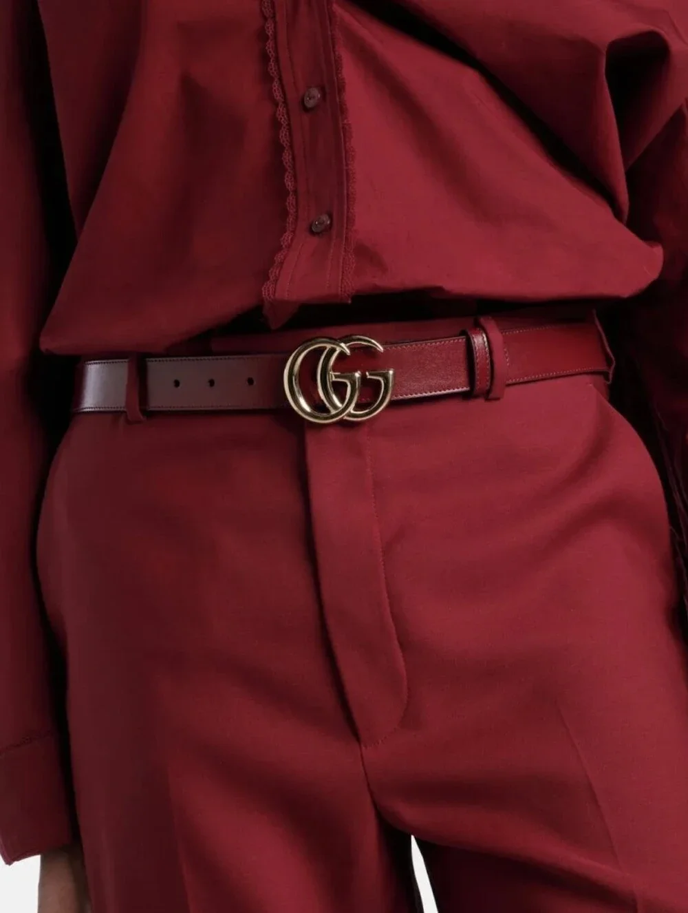 Gucci Rosso Ancora Dark Red Thin GG Marmont Leather Belt Shiny Gold Buckle